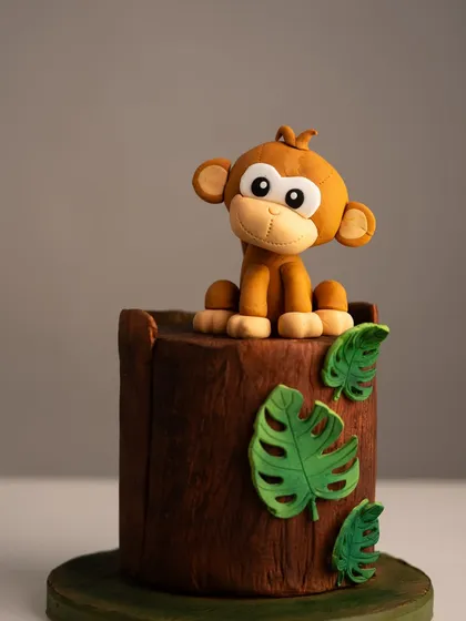 A close-up of a custom fondant cake topper, this adorable monkey sits atop a cake designed to look like a tree stump. This shows the detailed, playful character work I can do for children's birthday cakes and jungle-themed parties.