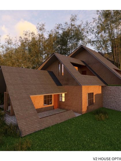 An alternative design option for the V2 House, featuring a more angular roofline. This exploration shows how different forms can be used to respond to the same site challenges of a steep hill and dramatic views.