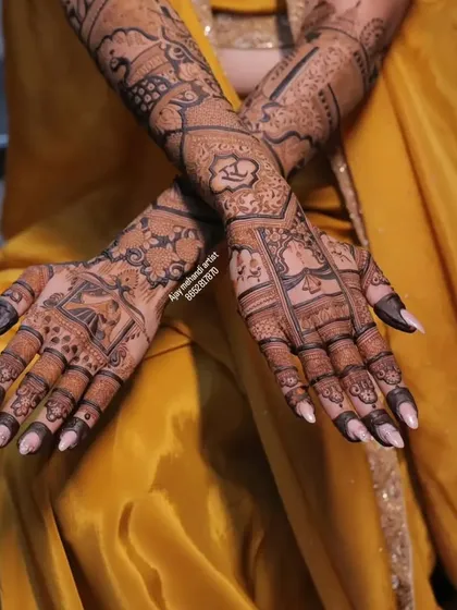 A detailed view of a bridal mehndi design, showing intricate figures and patterns. I ensure every part of the design is sharp and clear.