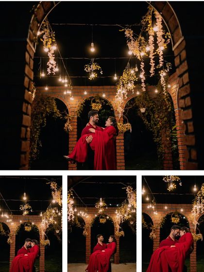 A collage of a couple sharing romantic moments at night, with beautiful bokeh from string lights creating a magical atmosphere.