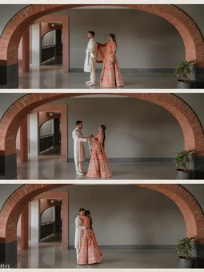 A three-part sequence telling the story of a first look. Captured under a brick arch, these images show the anticipation, the reveal, and the joyful embrace, all framed by the beautiful architecture.