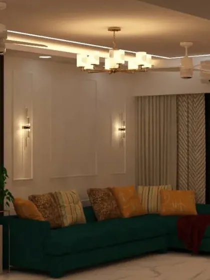 A 3D render showing the full living room layout with the green sofa and display cabinet.