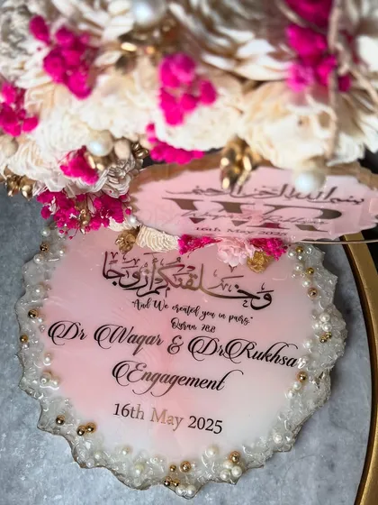 A top-down view of the engagement platter, showcasing the full design with its intricate details and personalization.