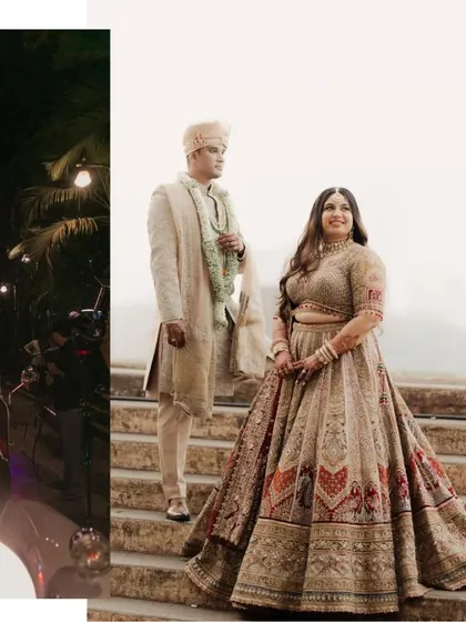 A stunning portrait of the bride and groom. The groom's vintage car entry and the bride's regal lehenga came together for a truly majestic wedding look.