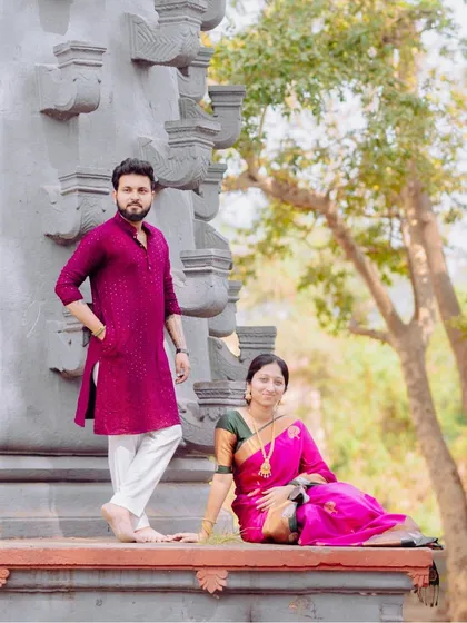 A stylish portrait of the couple in traditional attire during their pre-wedding session. I compose shots that feel both classic and modern.