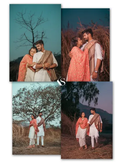 A pre-wedding shoot with a traditional Maharashtrian touch. The couple's ethnic wear and the rustic, grassy landscape create a beautiful and authentic set of portraits.