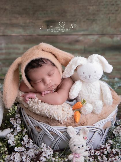 Another take on our bunny theme, this time with the baby nestled in a basket with his teddy friends. The soft, neutral colors create a calm and gentle mood.