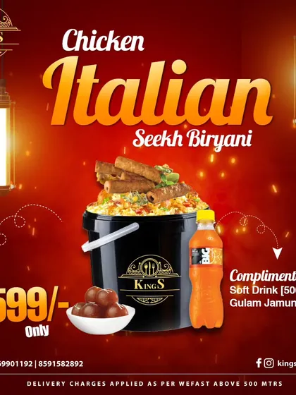 A fusion of flavors you will love. Our Chicken Italian Seekh Biryani bucket is a unique dish that's a hit at parties. Get this 3kg bucket with complimentary sides for just ₹599.