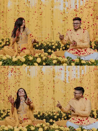 A playful collage of the couple sitting amidst a sea of yellow flowers, enjoying a shower of petals during their Haldi ceremony.