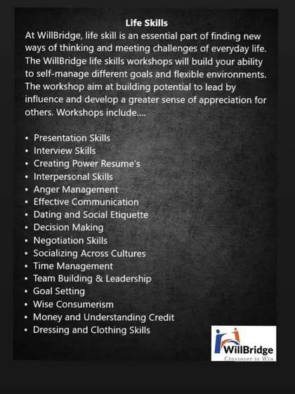 The Life Skills workshop is designed to build your ability to manage everyday challenges. This program covers crucial soft skills like interpersonal communication, decision making, and goal setting.