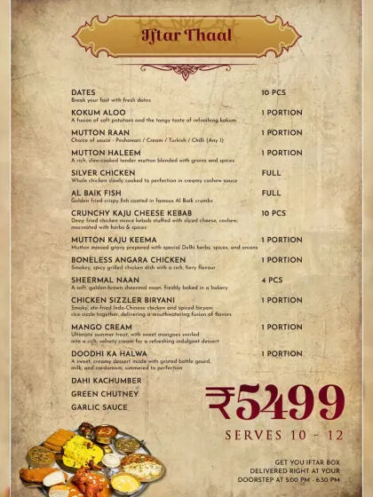 The detailed menu for our Iftar Thaal. It features premium dishes like Mutton Raan, Silver Chicken, Mutton Haleem, and a variety of kebabs and desserts.