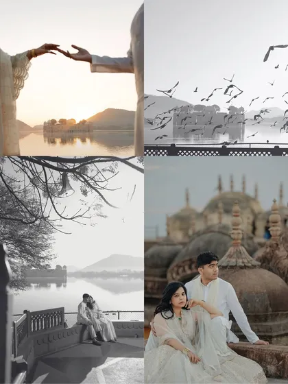 A collage from Vedika and Yuvraj's pre-wedding shoot in Jaipur. This shows our approach to telling a story within a single frame, capturing different facets of their connection against the romantic backdrop of the Pink City.