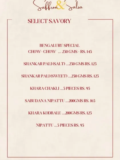 To complement the sweets, I offer a range of classic Bengaluru savories. This menu features traditional snacks like Khara Chakli, Kodubale, and Nipattu, all made fresh to provide that perfect crunchy, spicy balance for your festival spread.