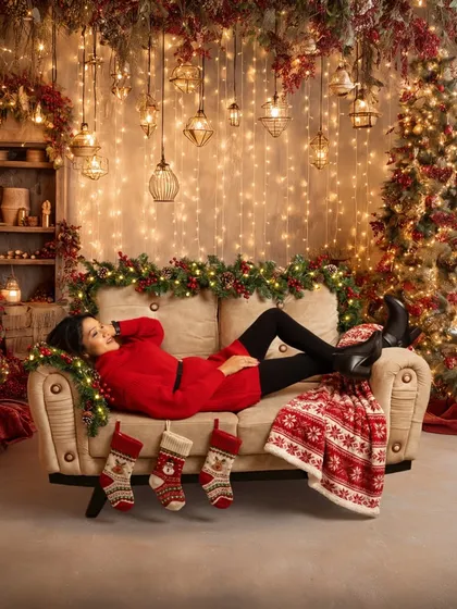 Holiday sessions are a wonderful way to create lasting family memories. This cozy Christmas setup, complete with festive lights, decorated trees, and props, shows the magical atmosphere I create in my studio.