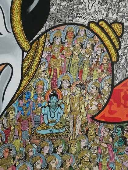 A closer look at the Shiv Mahapuran painting reveals the incredible density of the narrative. This section shows dozens of gods and goddesses, each rendered in miniature style, witnessing the divine events. The use of fine lines and vibrant acrylics makes every character distinct.