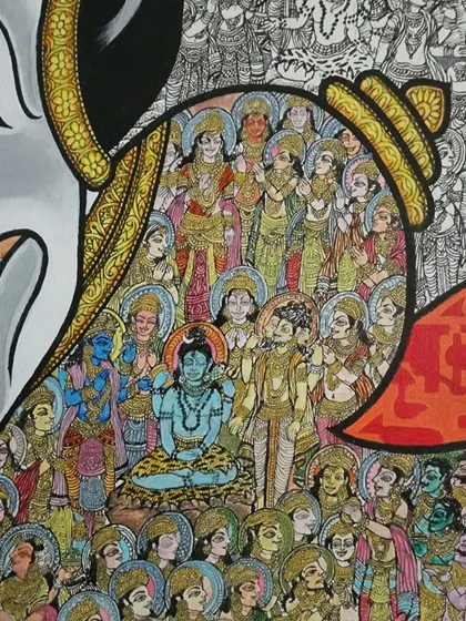 A closer look at the Shiv Mahapuran painting reveals the incredible density of the narrative. This section shows dozens of gods and goddesses, each rendered in miniature style, witnessing the divine events. The use of fine lines and vibrant acrylics makes every character distinct.