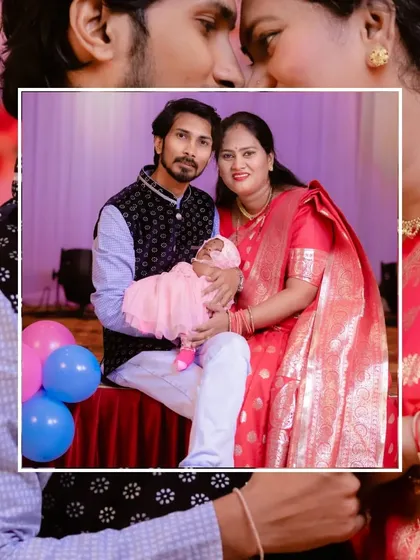 A beautifully framed family portrait from the naming ceremony, capturing the pride and joy of the new parents.