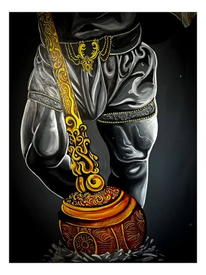A view of the lower half of the Hanuman mural, focusing on his powerful stance and the base of the ornate mace. The detail in the clothing and the texture of the ground add depth and realism to the painting.