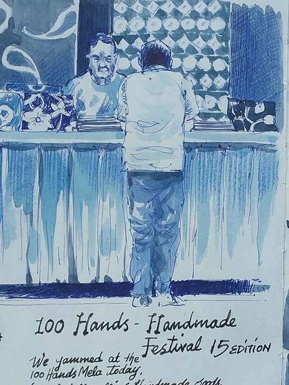 A blue ink sketch of a shopper at a stall, dated from the 15th edition of our festival.