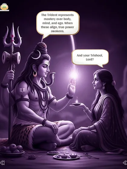 What does the Trishul (Trident) represent? Lord Shiva explains that it symbolizes mastery over the body, mind, and ego. When these three align, true power awakens within you.