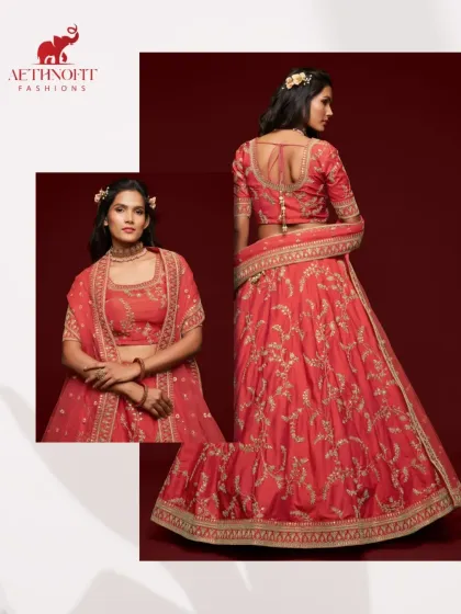 You can never go wrong with a classic red lehenga. This piece is my tribute to tradition, with intricate golden embroidery that feels royal. It's designed for the bride who wants that timeless, unforgettable look.
