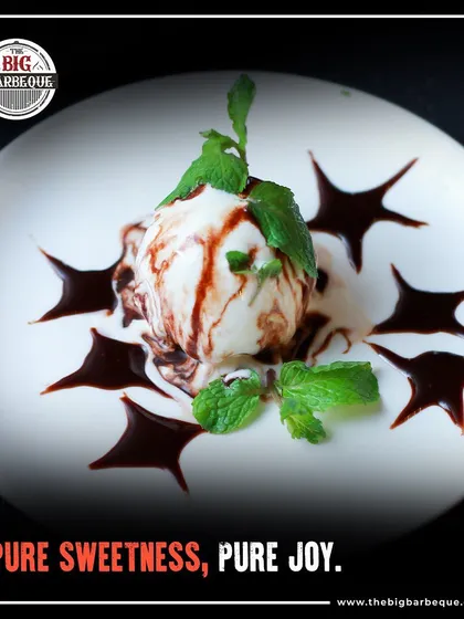 Pure sweetness, pure joy. End your meal on a high note with our beautifully plated desserts, like this classic vanilla ice cream with chocolate sauce.