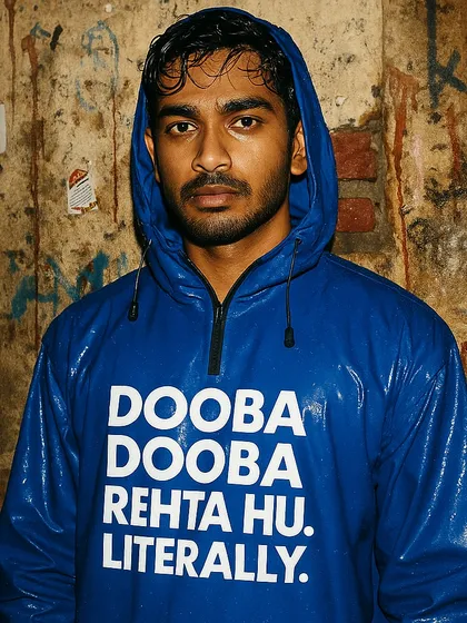 Another piece from 'Rainquotes', this time with the text 'DOOBA DOOBA REHTA HU. LITERALLY.' It's a literal, funny take on a famous song lyric, set against the backdrop of a monsoon-flooded city.