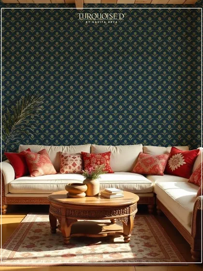 The Zaina Boota wallpaper in a deep navy blue creates a sophisticated and cozy living room. The small, repeating floral motifs, inspired by Pashmina weaving, add a layer of subtle pattern and traditional charm.