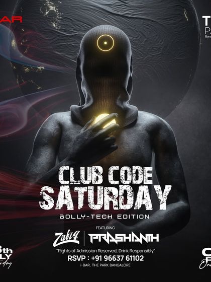 A "Bolly-Tech Edition" of Club Code Saturday at i-Bar, with a mysterious and artistic poster design.