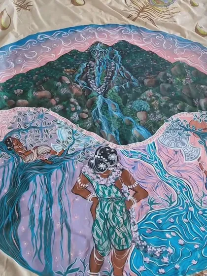 A detailed close-up of the "Kurinji" panel from The Thinai Project. This piece depicts a woman looking at her reflection in the mountainous landscape, a symbol of self-fulfillment and empowerment. The intricate details and rich colors show the depth of storytelling possible in a large-scale commissioned artwork.