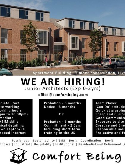 A remote job opportunity with Comfort Being for a Junior Architect, detailing probation and commitment terms.