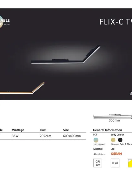The specification sheet for our 'FLIX-C TW' L-shaped ceiling flushed track light. It details the 36W fixture's dimensions, flux, and tunable white color temperature range from 2700K to 6500K.