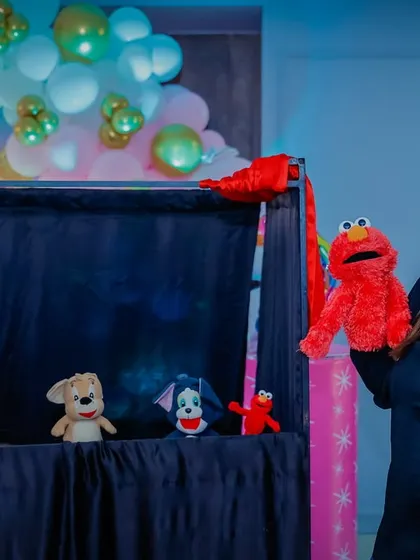 The full puppet show setup, with the puppeteer and her cast of characters ready to entertain the party guests.