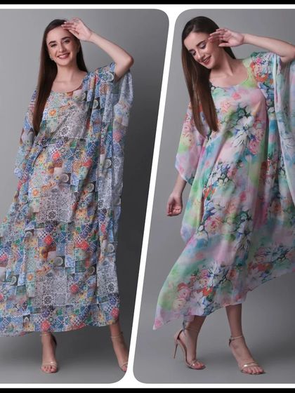 A side-by-side comparison of two different printed kaftans on the same model, an effective way to display product variations.