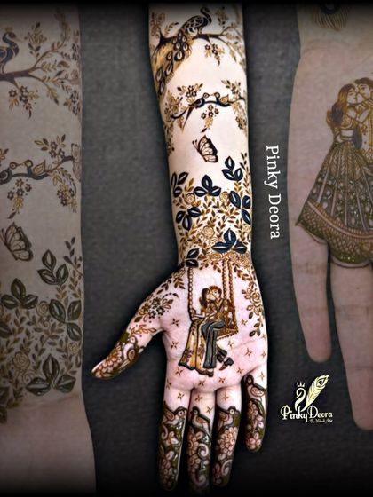 This collage shows the different elements of a storytelling mehndi. You can see a couple on a swing, another romantic pose, and nature-inspired patterns flowing up the arm.