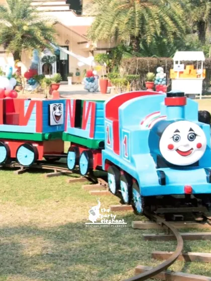 A real, rideable Thomas the Tank Engine train was the star of this birthday express party. We provide unique entertainment options like this to create truly memorable and interactive experiences for children.