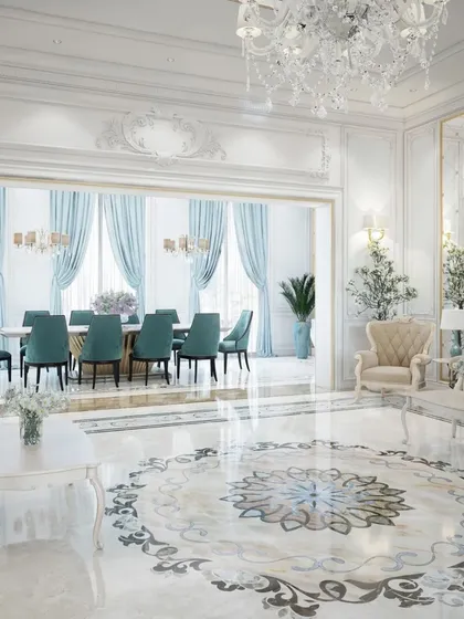 Embodying classical elegance, this villa's living and dining space features intricate marble floor inlays, ornate wall mouldings, and crystal chandeliers. The soft blue and cream color scheme creates a bright, airy, and opulent atmosphere for formal entertaining.