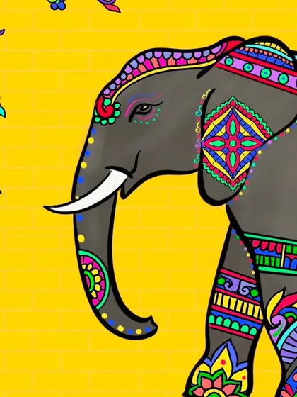 A detailed look at the elephant's head, where I've used vibrant mandala and folk motifs to adorn its features. This digital illustration is perfect as a wall print to bring wisdom and good fortune into your space.