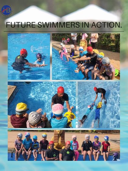 Future swimmers in action. This collage captures our young athletes learning basic techniques, practicing with kickboards, and building confidence in the water with their coaches.