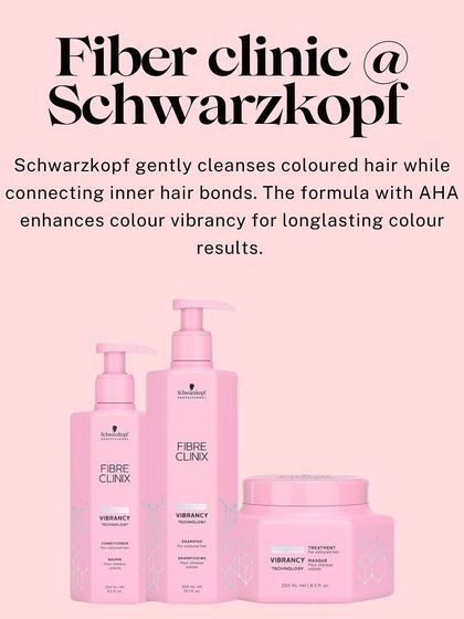 For coloured hair, we recommend the Fiber Clinix spa by Schwarzkopf. Its formula with AHA gently cleanses while connecting inner hair bonds, which enhances colour vibrancy for long-lasting results.