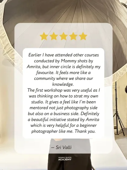 A student testimonial praising the Inner Circle as a community for sharing knowledge and providing mentorship on the business side of photography.