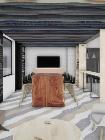 This view of the JIM canteen highlights the cozy lounge seating and informal gathering areas. The design provides a variety of settings for students to relax, study, and socialize.