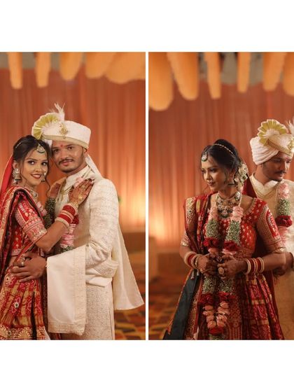 A collection of portraits from the wedding reception, showing the couple posing together in their grand attire under the warm lights of the venue.