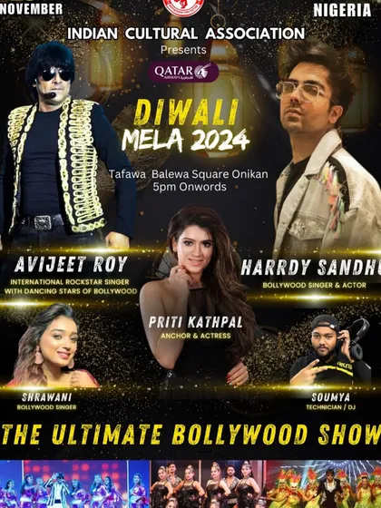 The poster for the 'Ultimate Bollywood Show' at the Diwali Mela in Nigeria, where I shared the stage with other great artists like Harrdy Sandhu.