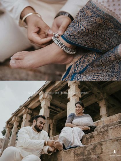 A collage showing the groom putting an anklet on the bride's foot, a beautiful and intimate gesture set against a temple backdrop.