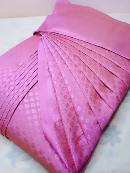 A lovely pink bridesmaid saree, pleated and ready. My service is perfect for the entire bridal party, not just the bride.