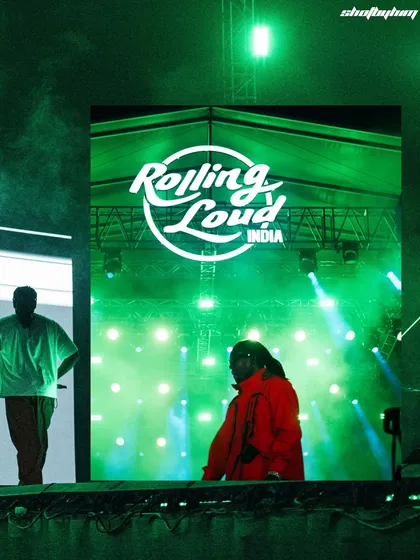 A collage showing Don Toliver on the Rolling Loud India stage, with the festival logo prominently displayed under green lighting.