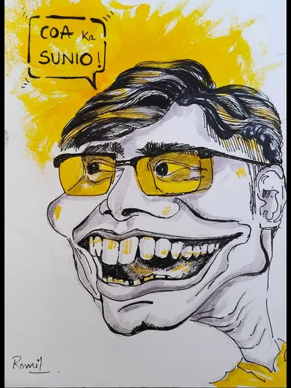 "Goa ka sunio!" This caricature captures a fun, quirky personality with a classic dialogue bubble. The yellow-tinted glasses add a cool, stylish touch.