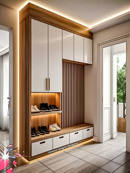 A tall entryway unit that maximizes vertical space. It includes open, backlit shelves for shoes, drawers, and overhead cabinets, all framed in a beautiful light wood finish.