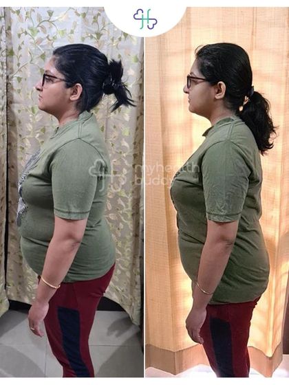 A side view of Sneha's 8kg transformation. She found that my program helped her lose more weight than any other method she had tried before.